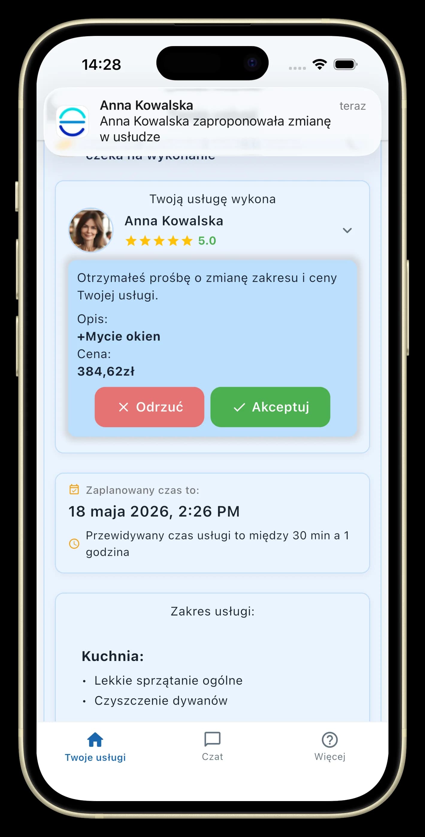 Klient widzi propozycję zmian i akceptuje w swojej aplikacji