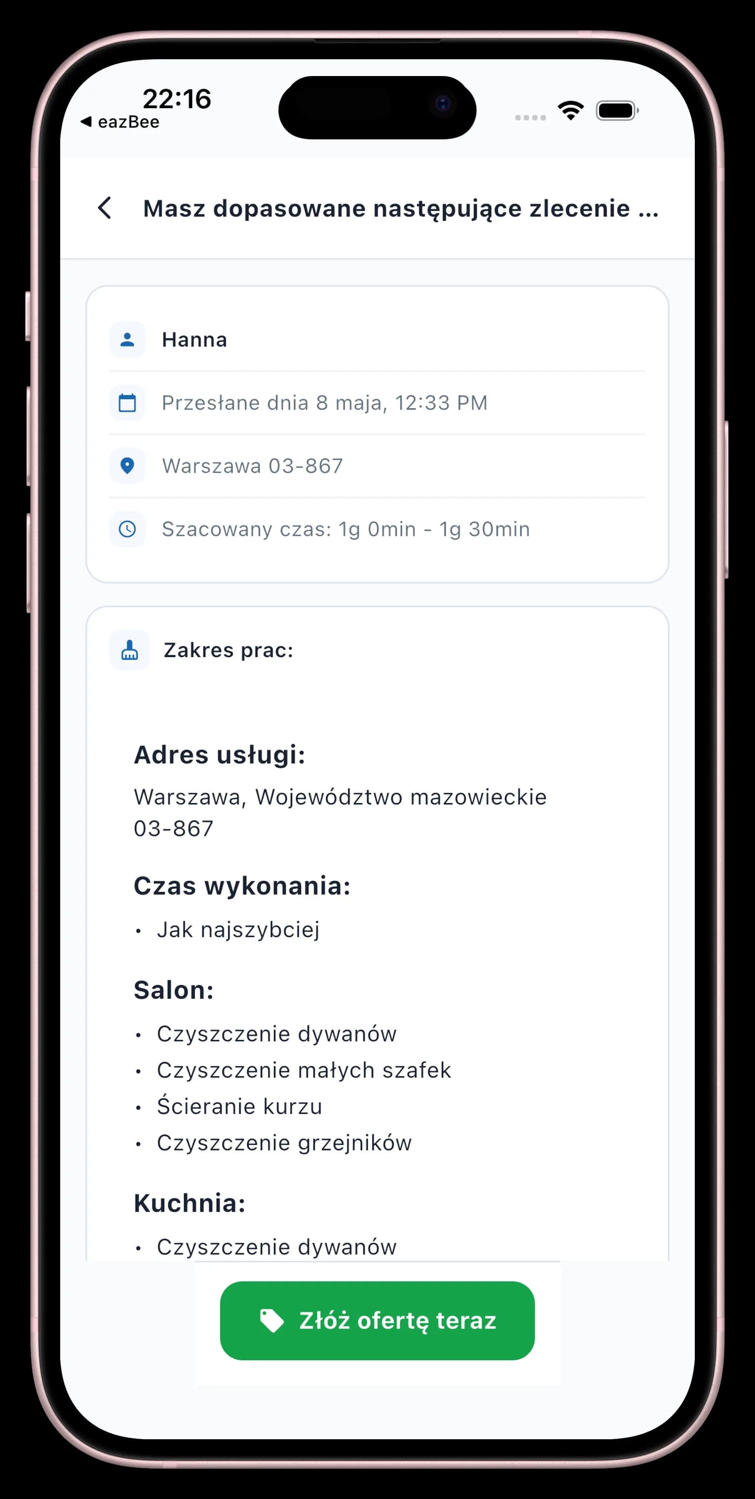 Ekran dopasowanego zlecenia w trybie ofertowym
