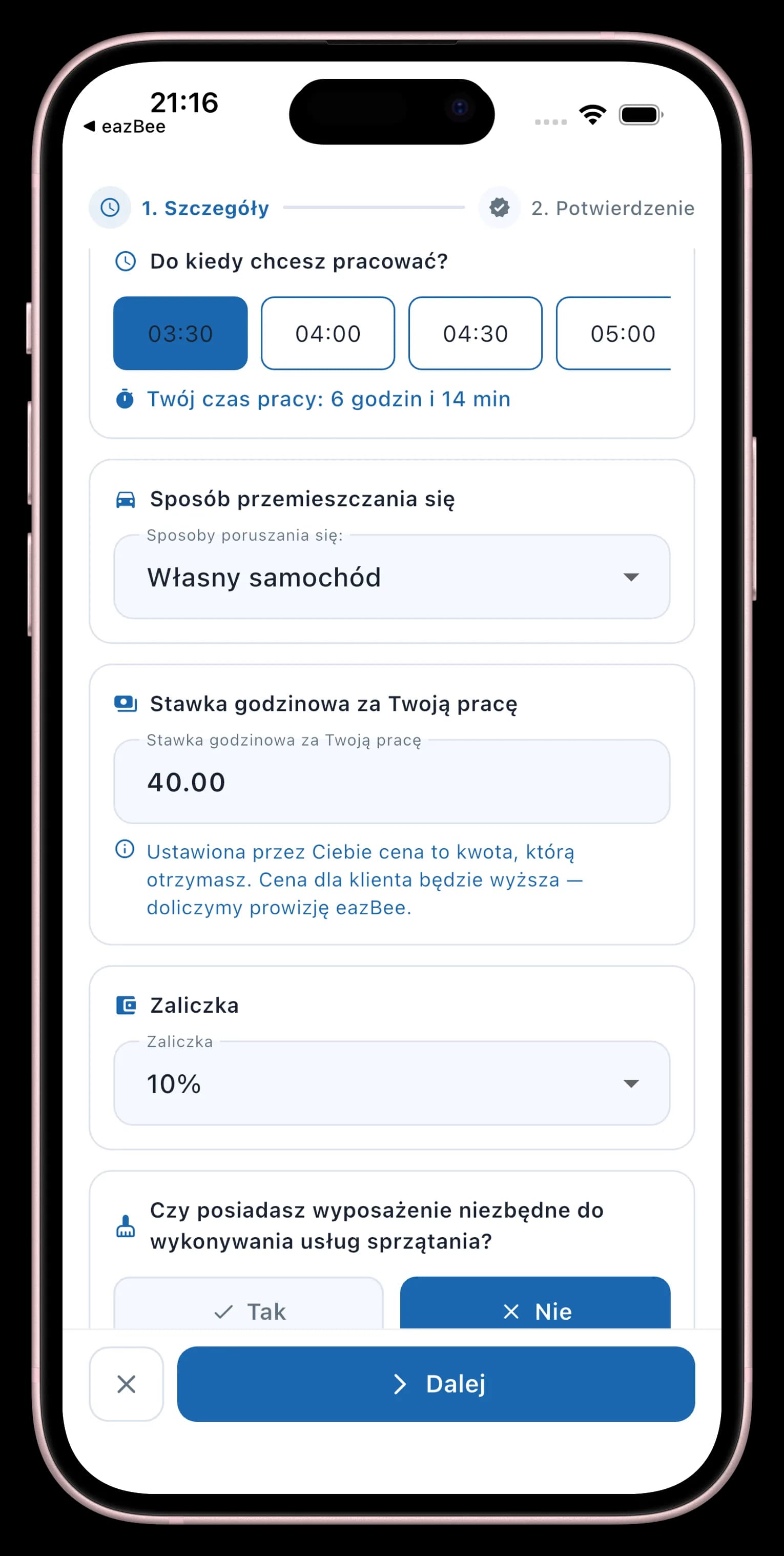 Ekran startowania pracy w trybie natychmiastowym